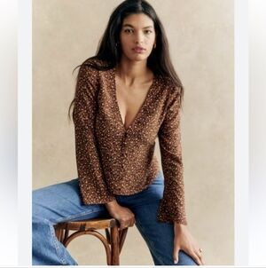 Sezane 100% Silk Albino Blouse Brown Animal Print 34 NWOT